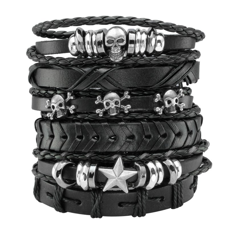MILAKOO 6Pcs Men Gothic Braided Leather Bracelets Black Punk Rock Skull Retro Bracelet Adjustable - Image 1